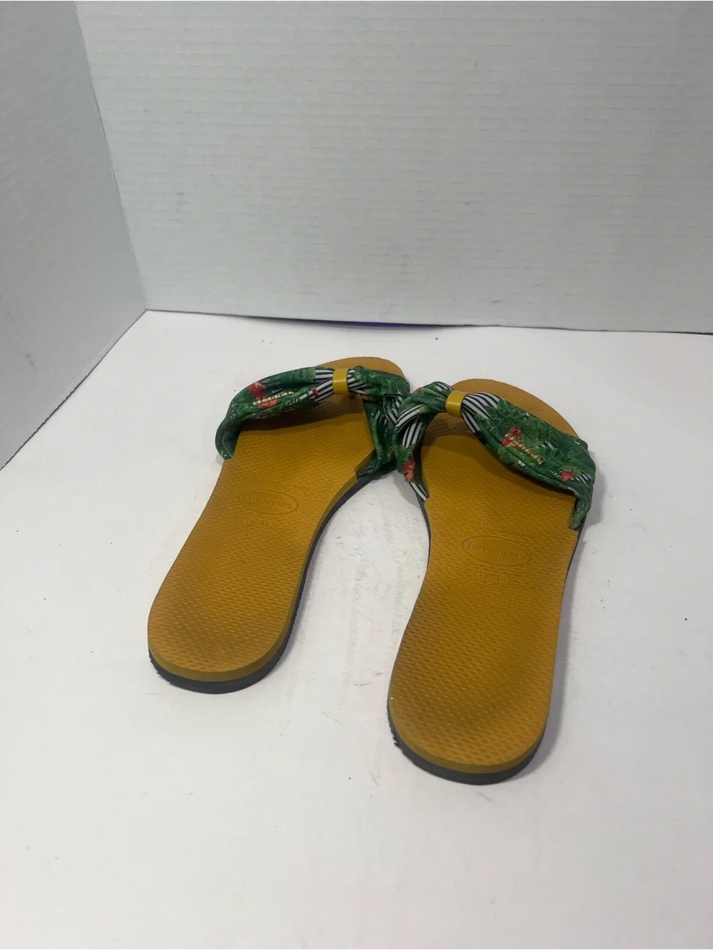 Havaianas Green Floral Knot Slide Sandals with Mustard Footbed